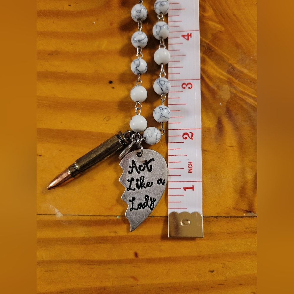 beaded necklace faux white buffalo stone beads "act like a lady" heart charm